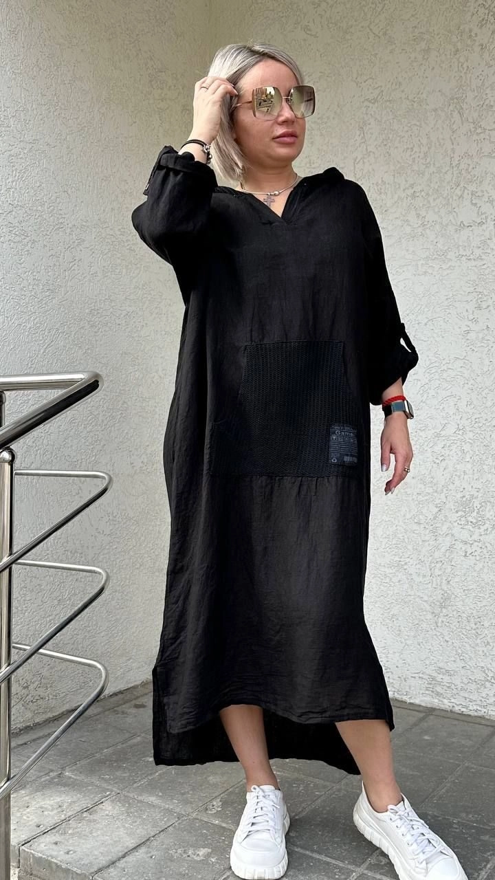 Платье стильное с капюшоном черного цвета MODLAV ML4354-13