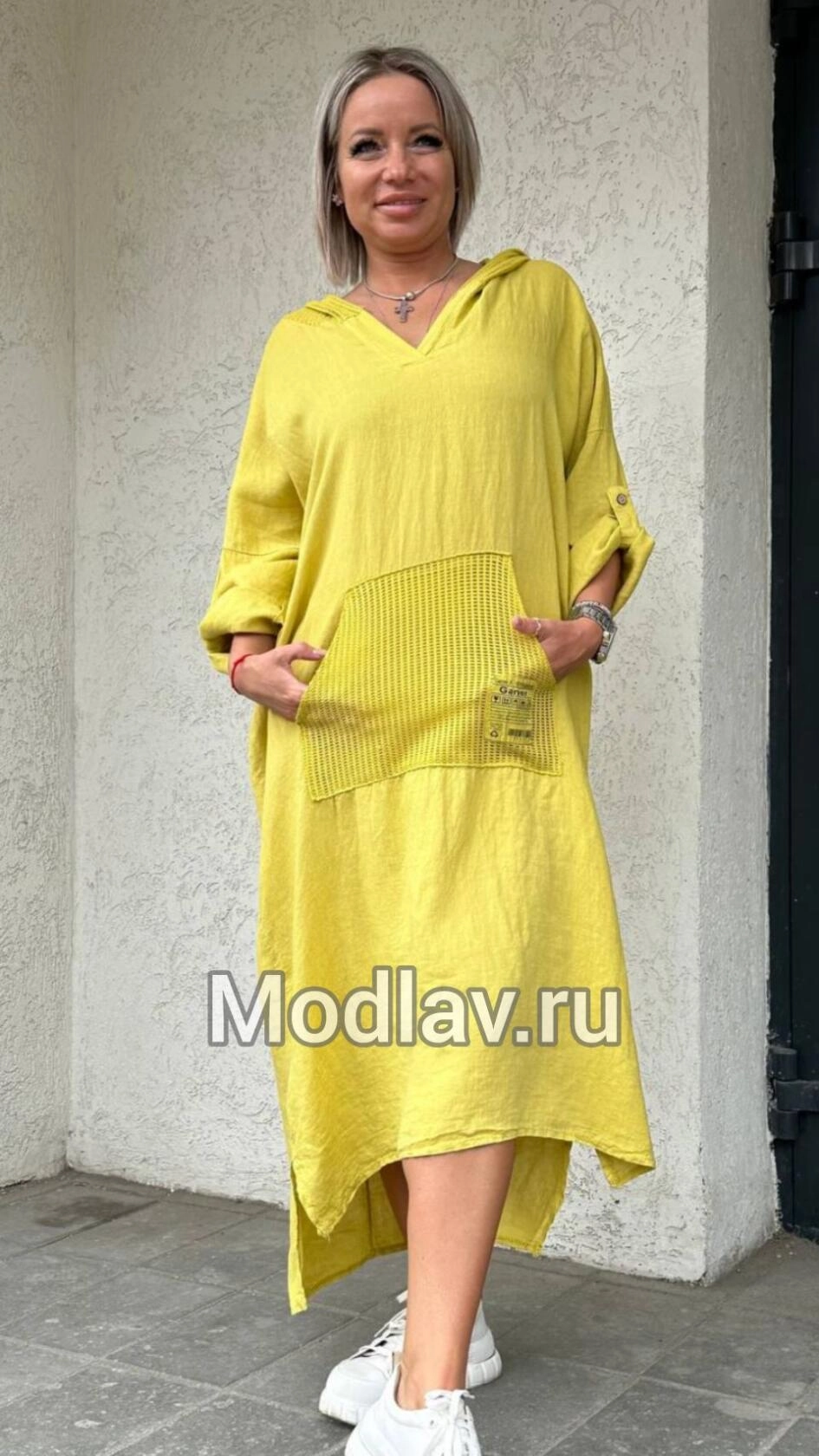 Платье стильное с капюшоном горчичного цвета MODLAV ML4354-30