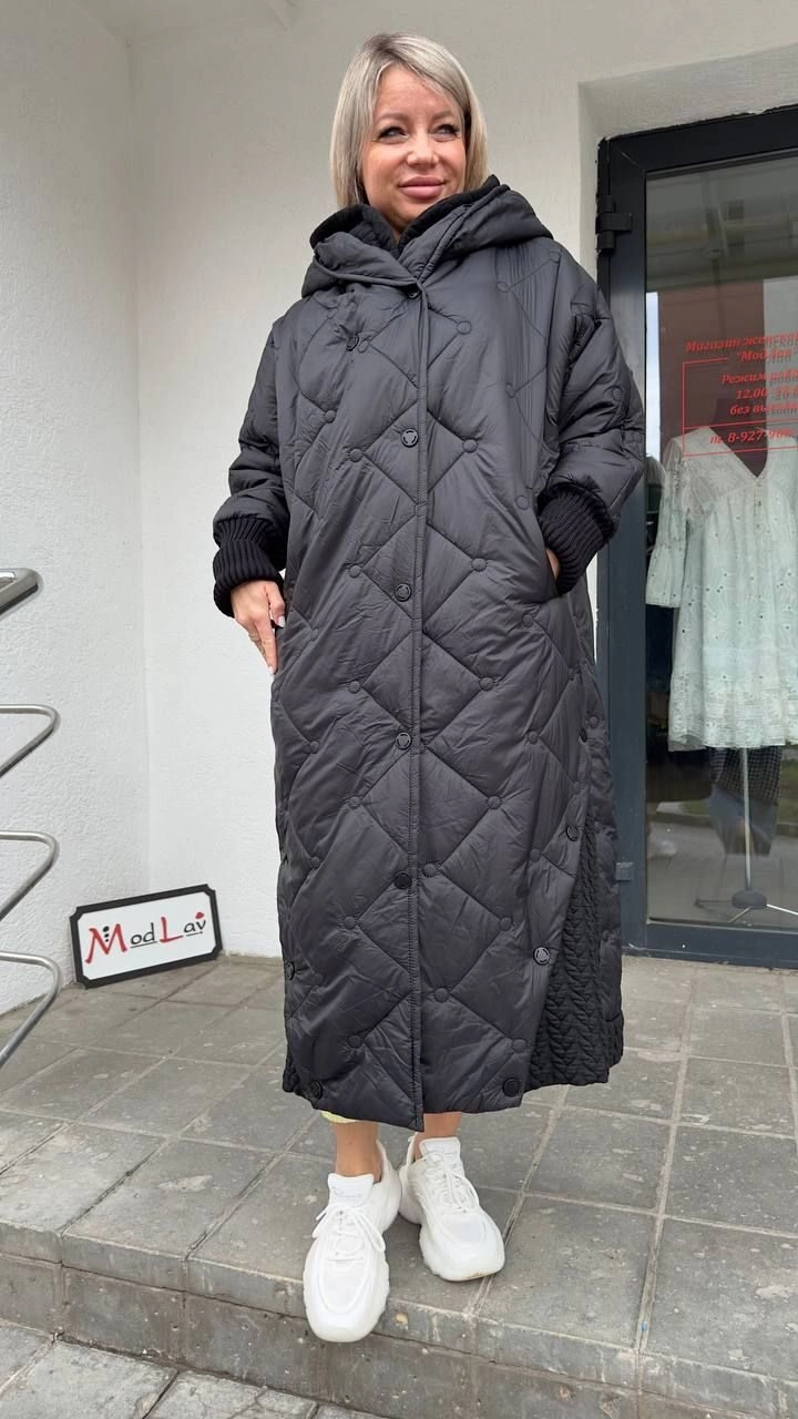 Пальто стильное с двойным капюшоном из двух видов ткани черного цвета MODLAV ML4490-13