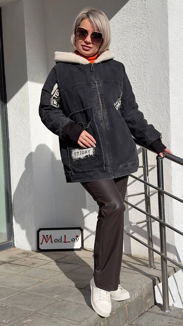 Куртка стильная на меху с капюшоном Джинсовая черно-белого цвета MODLAV ML4615-25