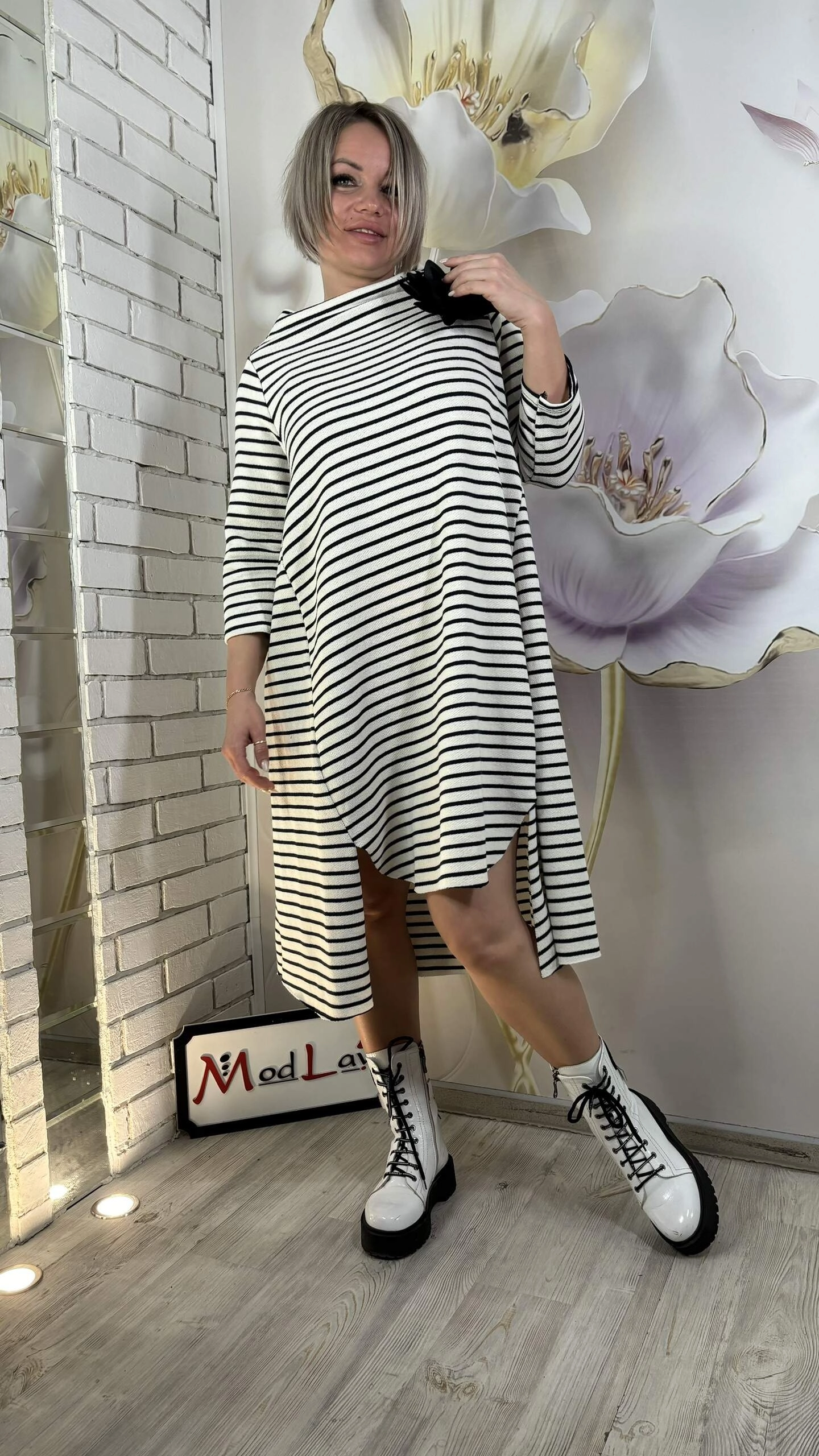 Платье-туника в полоску черно-белого цвета MODLAV ML4769-25