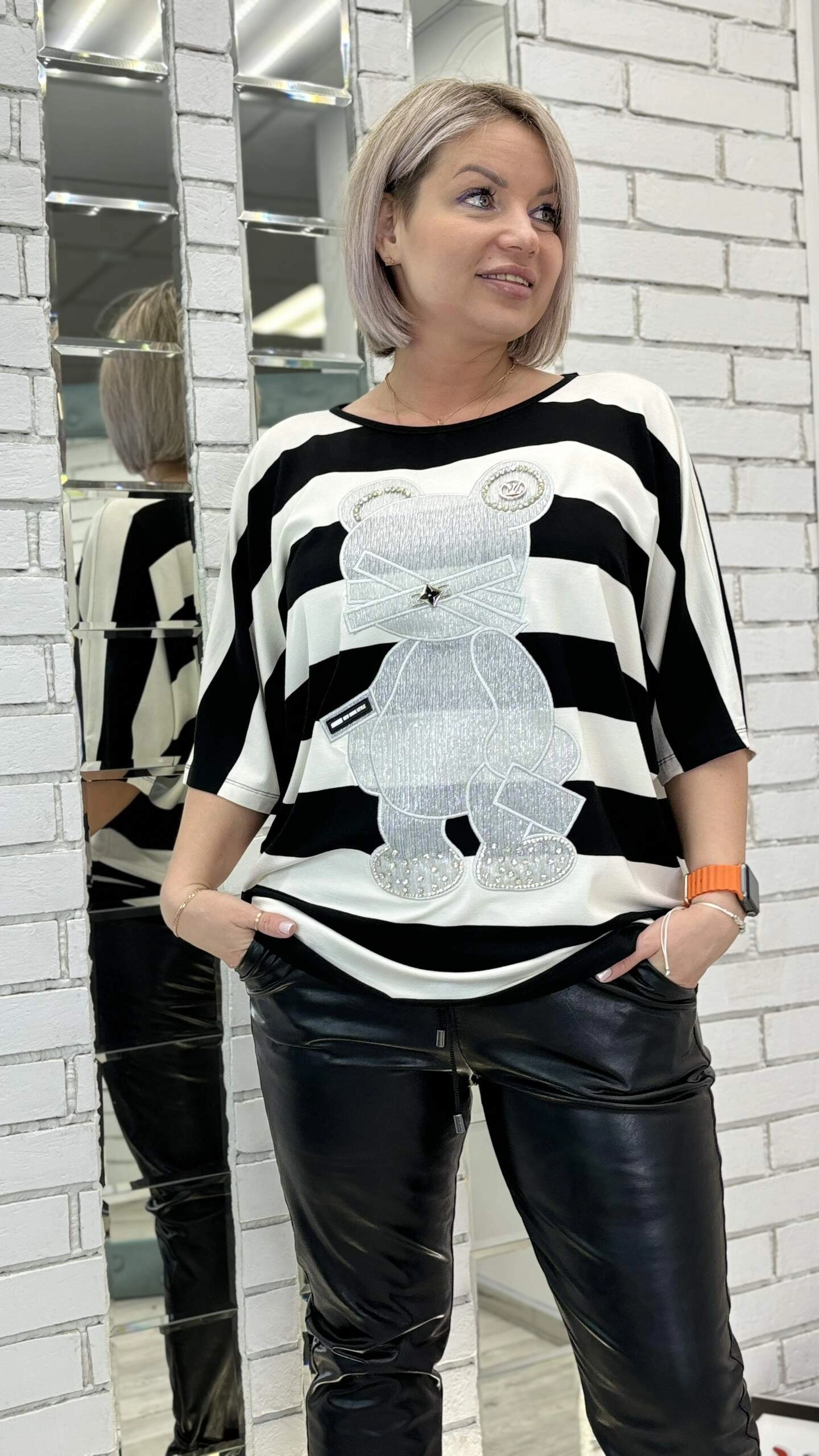 Блуза турецкая с декором "мишка" черно-белого цвета MODLAV ML5038-25