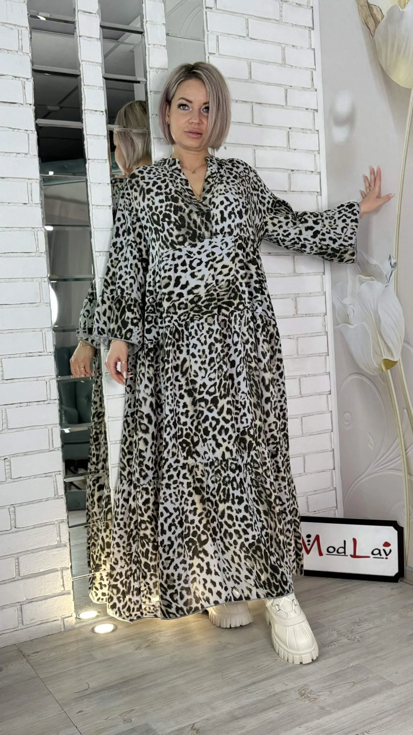 Платье ярусы с принтом "лео" серого цвета MODLAV ML3638-29